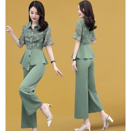 Fashion Women Elegant Print Chiffon Suits Female Irregular Blouse Top +Wide Leg Pants Trousers Office Lady Casual 2 Piece Set