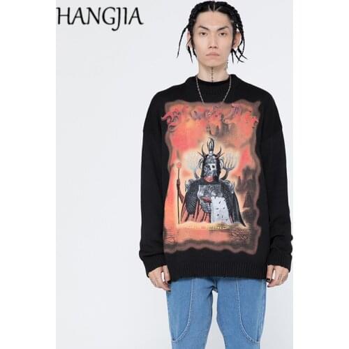 Mens Hip Hop Streetwear Skull Demon Printting Sweaters Vintage Japanese Knitted Sweater 2021 Autumn Winter Pullover Knitwear