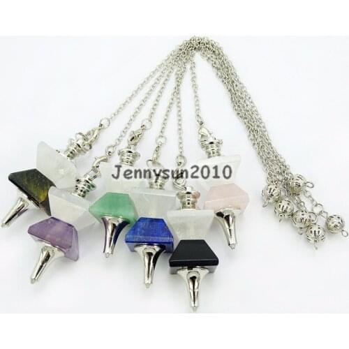 Natural Gems Stones Pyramid Pendulum Healing Reiki Chakra Pendant Silver Plated Jewelry Design 10Pcs/Pack