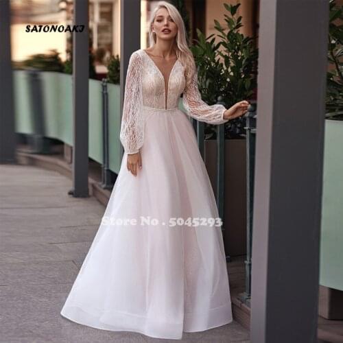 Vestidos Charming Wedding Dresses Netting Lace V-Neck Full Sleeve A-Line Sweep Train Bridal Gowns Robe De Mariée 2021 Sukienka