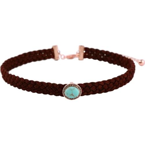 Bulk Price Women Trendy Leather Suede Braided Choker Necklace Blue Oval Stone Charm Gothic Brand Jewelry Necklace