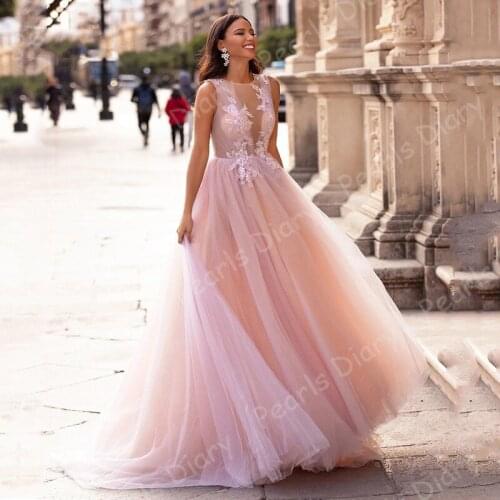 Pink A Line Boho Wedding Dress 2021 Lace Appliques Sheer O Neck Button Illusion Bridal Gowns Bride Dresses Vestidos De Novia