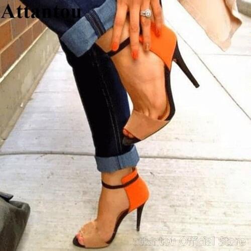 Fashion Orange Nude Patchwork Women Thin High Heel Straps Summer Sandals With Buckle
