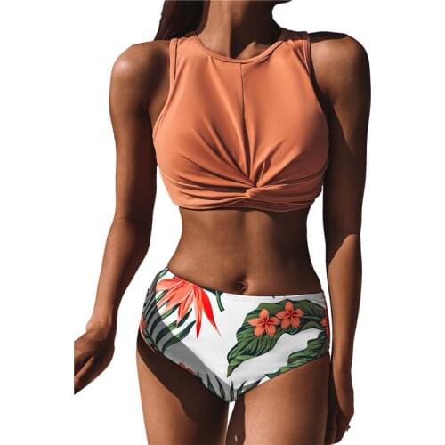 Sexy Womens Two Piece Set Split Bikini Floral Swimsuit Tops and Thong Bikinis Sets Woman Swimwear Summer Beachwear Biquini