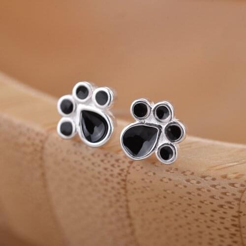 Simple Female Dog Cat Paw Claw Earrings Real 925 Sterling Silver Stud Earrings For Women Vintage Enamel Small Wedding Earrings