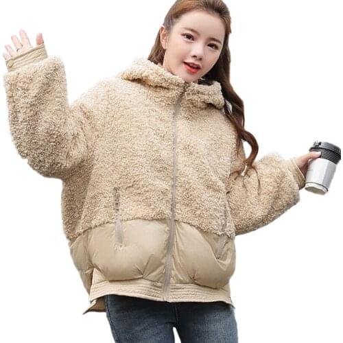 2019 Winter Parka Women Lambswool Splice Small Jacket Students Short Outerwear Hooded Cotton-padded jacket Loose Wool Coats 3000