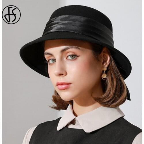 FS Black White Wool Felt Flat-top Fedora Hats For Women Autumn Winter Church Cloche Derby Hat Fedoras Bowler Cap With Big Ribbon