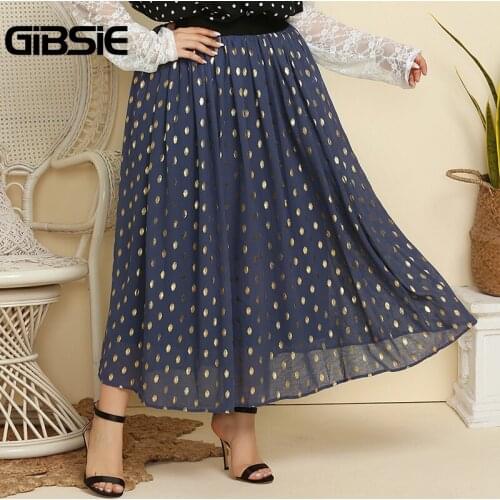 GIBSIE Polka Dot Gilding Pleated Long Skirts Womens Elegant Elastic Waist Plus Size Women Casual Office Spring Summer Skirt