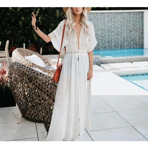 Women Sexy V Neck Hollow Perspective Beach Tunic Cardigan Lace Pareo Robe Black White Long Sleeve Cape Cover Maxi Dress