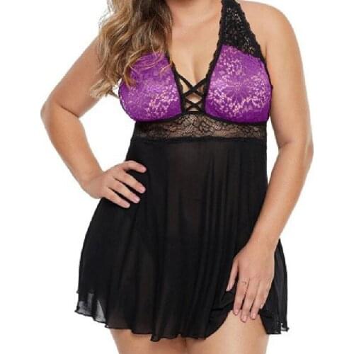 5XL Women Plus Size Lace Mesh Babydoll Lingerie Crisscross Back Chemise Sleepwear Pyjama Nightdress Purple Black