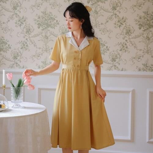 Dresses For Women 2021 Summer French Retro Fashion Chic Single-breasted Suit Collar High Waist Bowknot Waist Thin Literary Dress