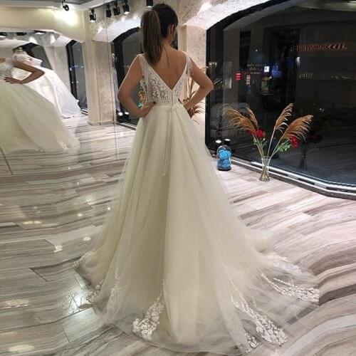 Wedding Dresses Vestidos de Novia 2020 V Neck Beading Floral Appliques Lace Corset Size Tulle Bridal Gown Sweep Train