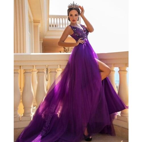Sexy Elegant Purple Evening Dress Deep V-Neck Backless Prom Dress Tulle Floor Length Beadings Arabic Women Dress Custom Made