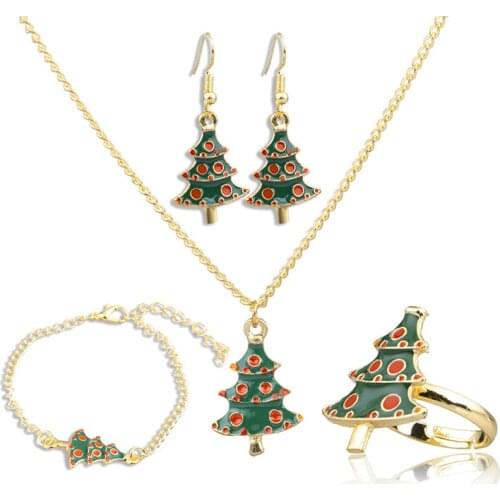 Winter Women Christmas Jewelry Set Lovely Enamel Christmas Tree Pendant Necklace Earrings Ring Bracelet for Women Gifts