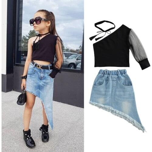 2021 Summer Fashion Toddler Clothes Kid Girls Mesh One Shoulder Tops+Denim Skirt Outfits Casual 3pcs Clothes Set 1-6Y