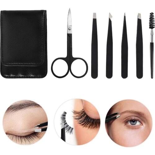 6cs Stainless Steel Eyebrow Tweezers Set Eyebrow Scissor Brush Hair Slant Tools Eye Lashes Extension Tweezers With Cosmetic Bag
