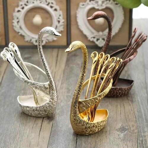 7Pcs Stainless Steel Swan Base Holder Dinnerware Set Spoon Fork Cutlery Coffee Cake Fruit Salad Dessert Flatware Teaspoon