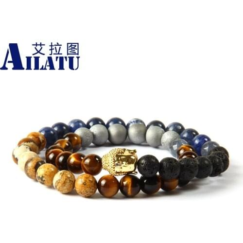 Ailatu Brand Jewelry Wholesale 10pcs/lot 8mm Natural Tiger eye Mix Stone Bead Double Layer Wrap-Around Cz Buddha Mens Bracelet