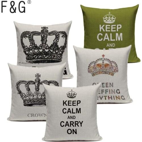 Retro Home Decorative Cotton Linen Blended Cushion Cover Crown Black White Green Throw Pillow Case King Queen Letter Pillowcase