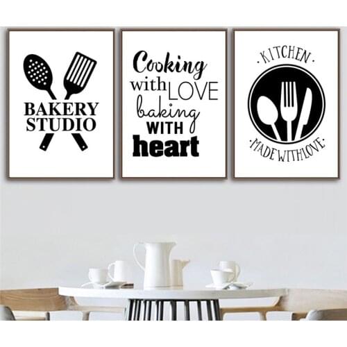 Black White Cooking With Love Kitchen Quote Wall Art Canvas Painting Prints Posters Kitchen Dining Room Decoration Picture