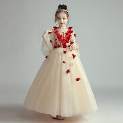 Flower Girl Dresses Illusion V-Neck Beading Embroidery Appliques Princess Floor-Length Tulle Three Quarter Kids Party Gown H377