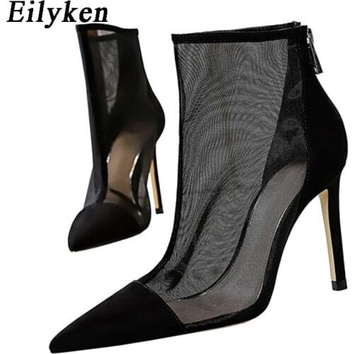 Eilyken New Fashion Pointed Toe Ankle Boots Women Sexy Breathable Comfortable Mesh High Heels Female Zipper Party Shoes Booties