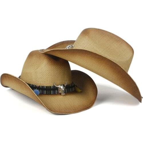 Shapable Summer Straw Cowboy Hat W/Beaded Trim Band Western Cowgirl, Natural, Windproof Rope Sun Hat