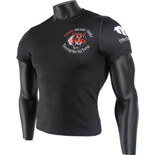 Black stretch fabric fitness sports fierce t shirt MMA Boxing jerseys tiger muay thai rashguard jiu jitsu sauna suit king boxing