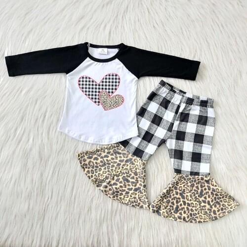 Lovely Girl Heart Pattern T-shirt And Plaid Bell Pants Toddler Valentines Day Outfits Children Fashion Clothing Set