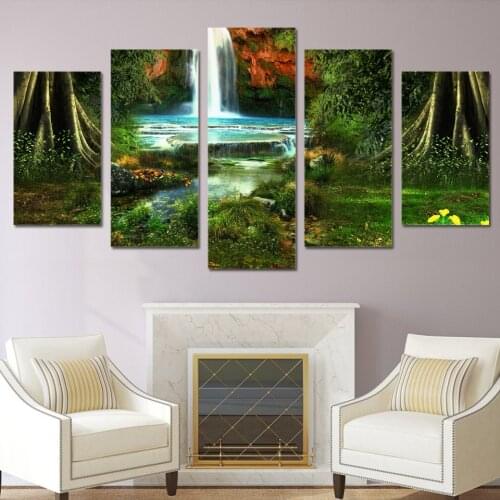 HD Printed 5 piece canvas art paintings artwork landscape trees waterfall room decor canvas wall art posters and prints