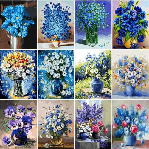 AZQSD Painting By Numbers Adults Blue Flower In Vase Acrylic Unique Gift Paint By Number Canvas Handpainted Modern Wall Art