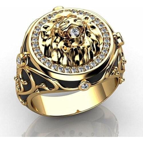 Classic Inlay White Zircon Lion Head Ring Domineering Gold Color Women Mens Party Ring Wedding Ring Engagement Jewelry
