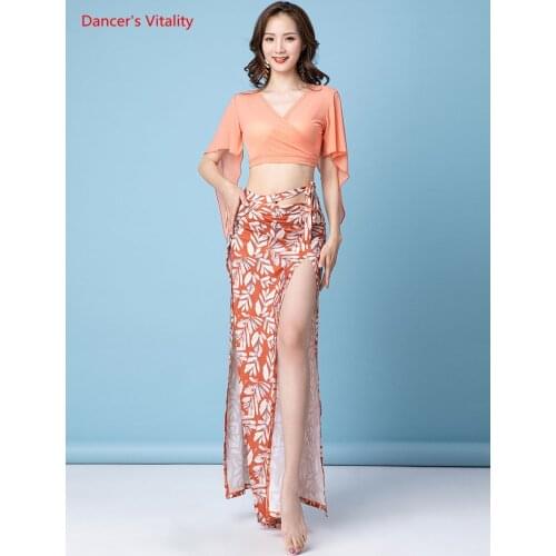 Belly Dance Practice Clothes Suit Short Sleeves Top+Floral Split Long Skirt 2pcs for Women Bellydancing Suit Oriental Outfit