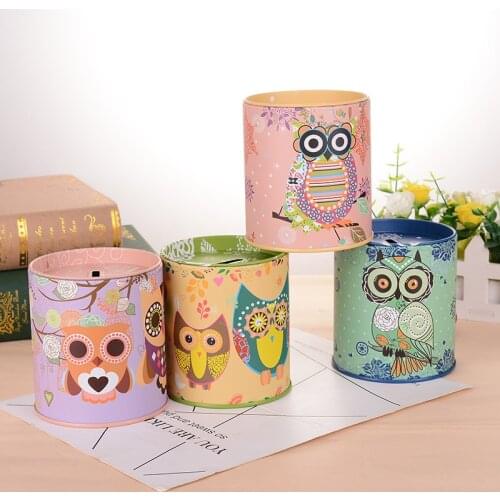 Creative Tinplate Round Pen holder Piggy Bank Money Box Owl Metal Coin Bank Money Saving Box Home Decoration Gift For Kids