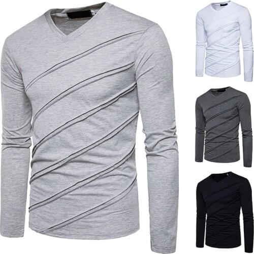 Mens T-Shirt Long Sleeve V-Neck Solid Color Pullover Base T-Shirt with Folds Casual Striped Slim Type Tops