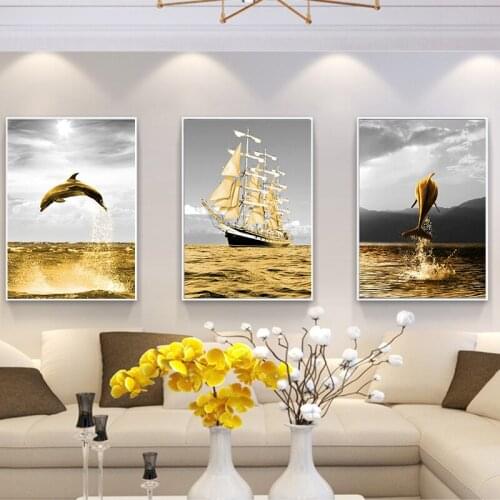 Gold Sea Dolphin Abstract Landscape Ship Wall Art Canvas Painting Nordic Posters And Prints Wall Pictures For Living Room Décor