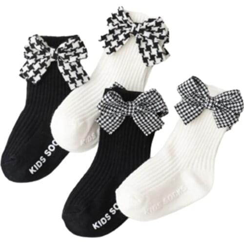 Newborn Baby Girls Houndstooth Bow Knot Socks Cotton Ribbed Infant Toddler Non-Slip Summer Spring Socks Baby Clothing 0-3T
