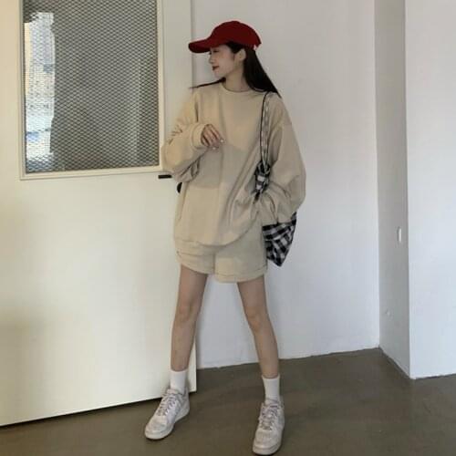 Autumn Casual Solid Outfits Womens Two Piece Set Full Sleeve Swearshirt+Shorts Tracksuits Fashion Leisure Sports Suit