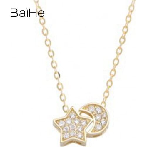 BAIHE Solid 18K Yellow Gold 0.08CT H/SI Round Natural Diamonds Women Engagement Gift Fine Jewelry Star Moon pendant Necklaces
