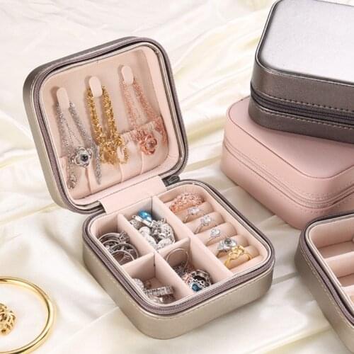 Protable Travel Leather Jewelry Box Organizer Display Earrings Ring Necklace Jewellery Zipper Storage Case Women Girls Gifts
