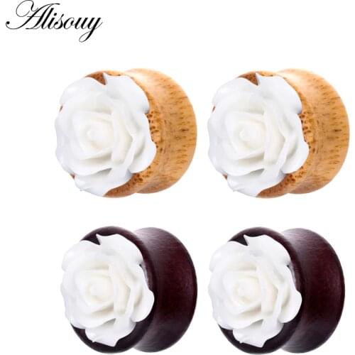Alisouy 2Pcs Flower Single Flared Ear Flesh Hollow Tunnel Plug 8-20mm Ear Gauges Wood Bamboo Expander Stretcher Piercing Jewelry