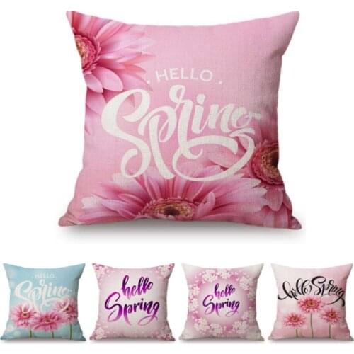 Pink Lovely floral Flower Hello Spring Living Room Beauty Store Salon Home Decorative Sofa Throw Pillow Case Linen Cushion Cover