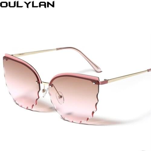 Oulylan Cat Eye Sunglasses Women Luxury Rimless Sun Glssses Vintage Gradient Pink Eyewear Ladies Frameless UV400 Metal Goggles