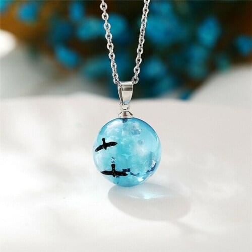 Handmade luminous necklace fashion pendant blue sky white cloud bird ball pendant birthday gift