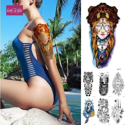 Old School Tattoo Wolf Beast Blonde Beauty Temporary Tattoo Sticker Flash Tattoos Rose Body Art Arm Fake Tatoo Women Men
