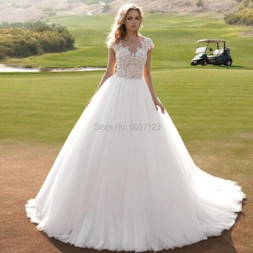 A Line Tulle Wedding Dresses Vestido De Noiva O Neck Cap Sleeves Court Train Lace Appliques Button Satin Bridal Gowns