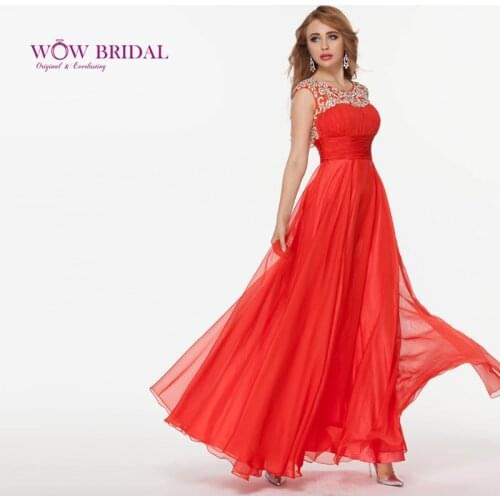 Wowbridal Chinese Style Red Prom Dresses 2021 Tulle and Chiffon Fabric O-Neck Beaded A-Line Dresses