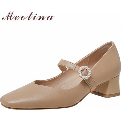 Meotina Genuine Leather Mary Janes Shoes Women Pumps Square Toe Med Heels Buckle Strap Thick Heel Female Footwear Beige Size 40