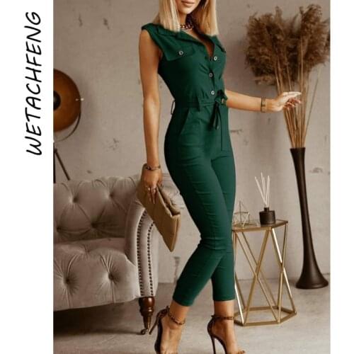 Female Jumpsuit Green Slim Sleeve Sexy Slim Elegant Overalls For Women Romper Summer High Waist Long Pants 2021 Fashion Clothing