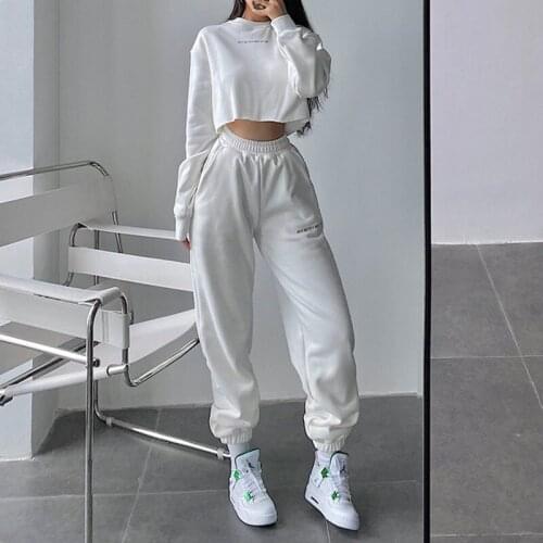 TVVOVVIN Crew Neck Long Sleeve Letter Print Thick Short Sweatshirt + High Waist Tie Feet Pants Women Casual Two-piece Set VT92